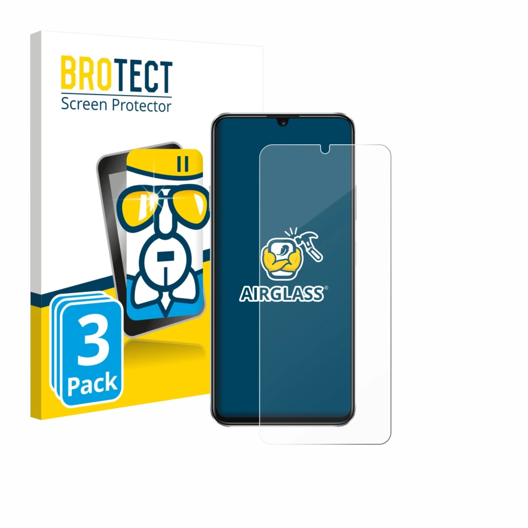 Front side of a product packaging with the brand logo BROTECT. Next to it is the device Huawei Nova Y63 shown with the corresp