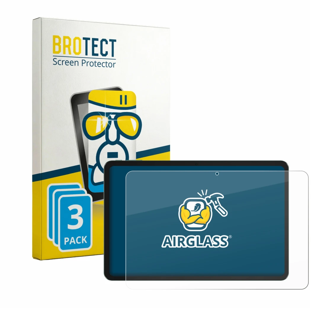 Front side of a product packaging with the brand logo BROTECT. Next to it is the device Tecno MEGAPAD 2 shown with the corresp