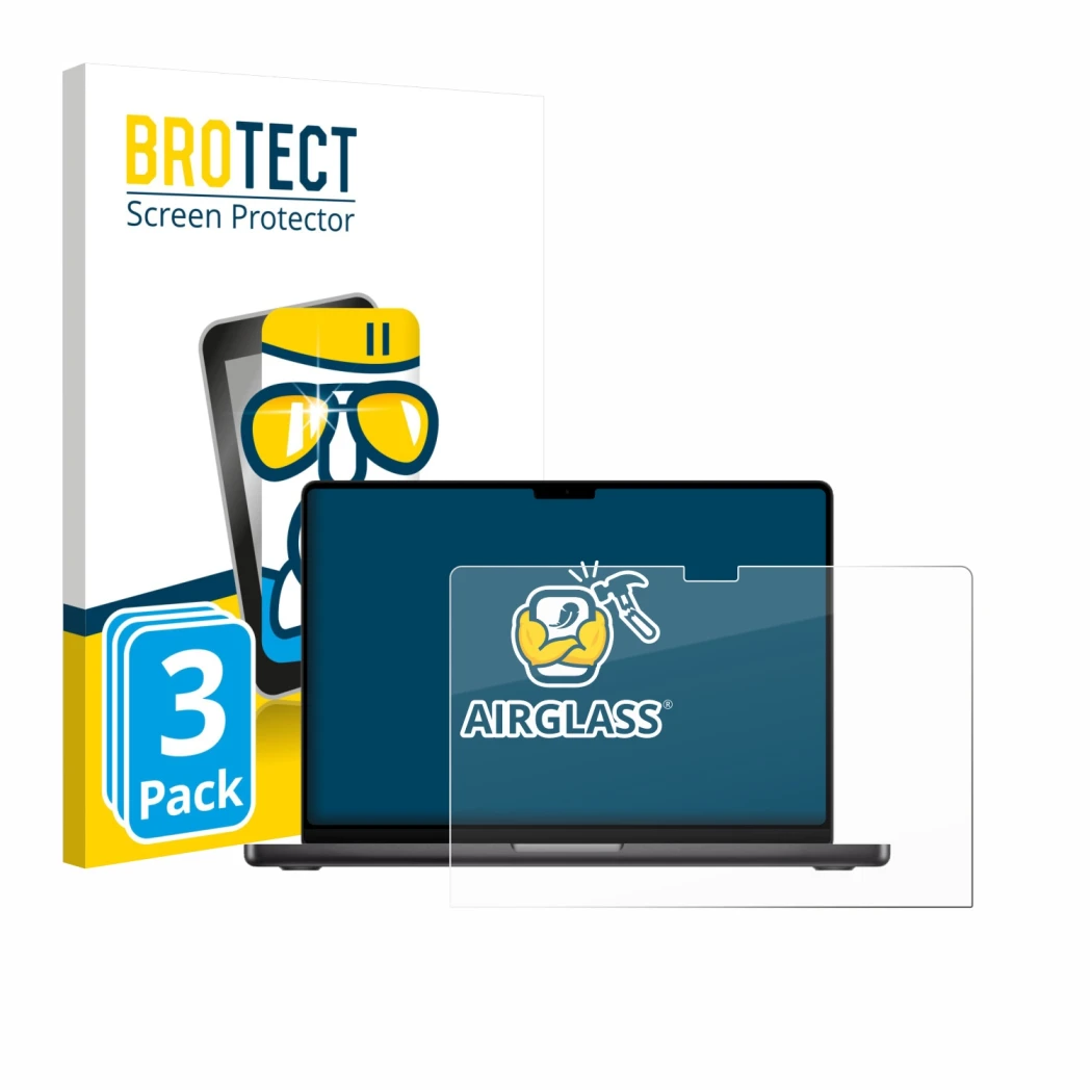 Front side of a product packaging with the brand logo BROTECT. Next to it is the device Apple MacBook Pro 16