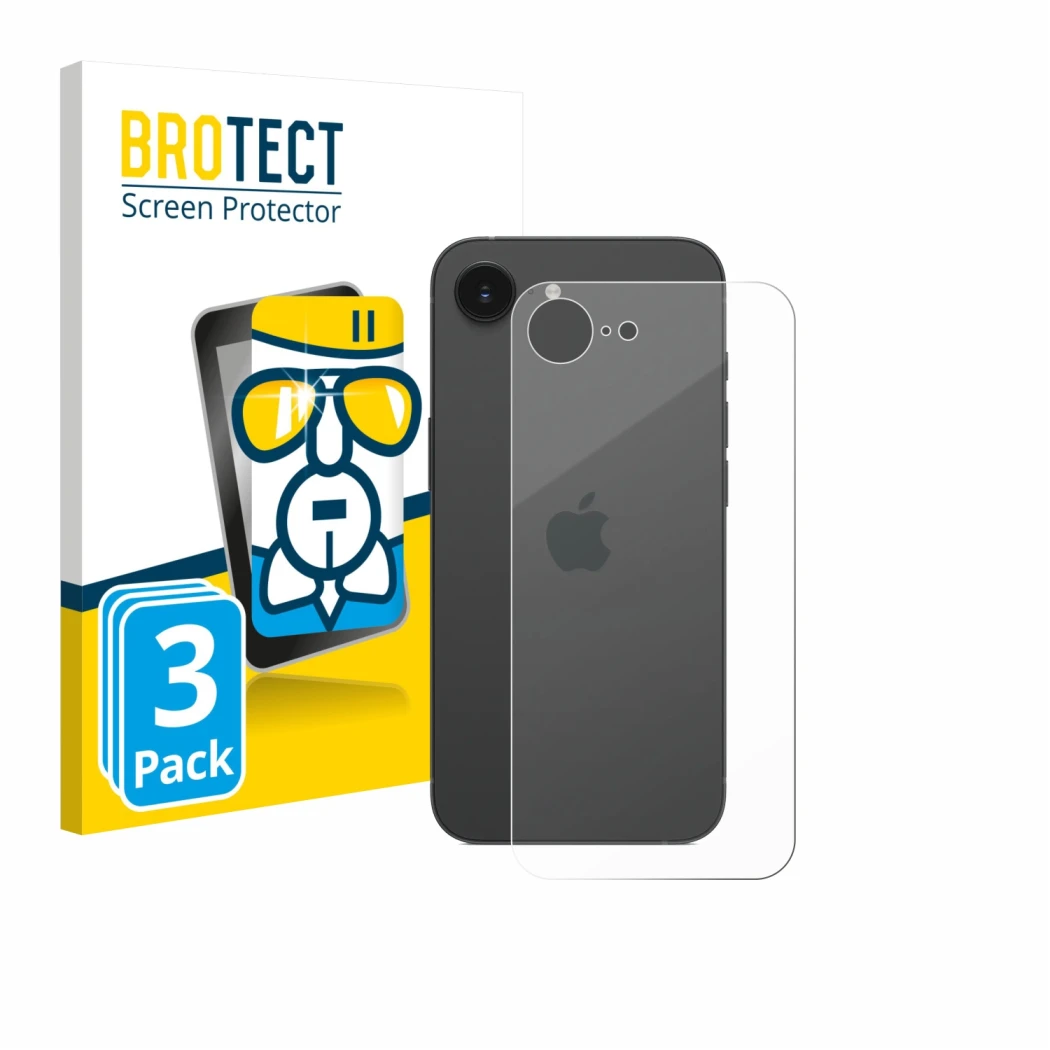 Front side of a product packaging with the brand logo BROTECT. Next to it is the device Apple iPhone 17e (Back) shown with the