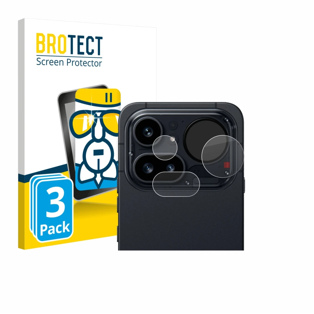 Front side of a product packaging with the brand logo BROTECT. Next to it is the device Nothing Phone (4a) Pro (ONLY Camera Le