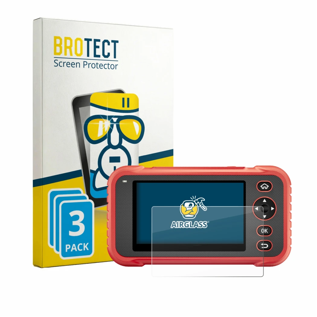 Front side of a product packaging with the brand logo BROTECT. Next to it is the device Launch CRP129E Plus shown with the cor