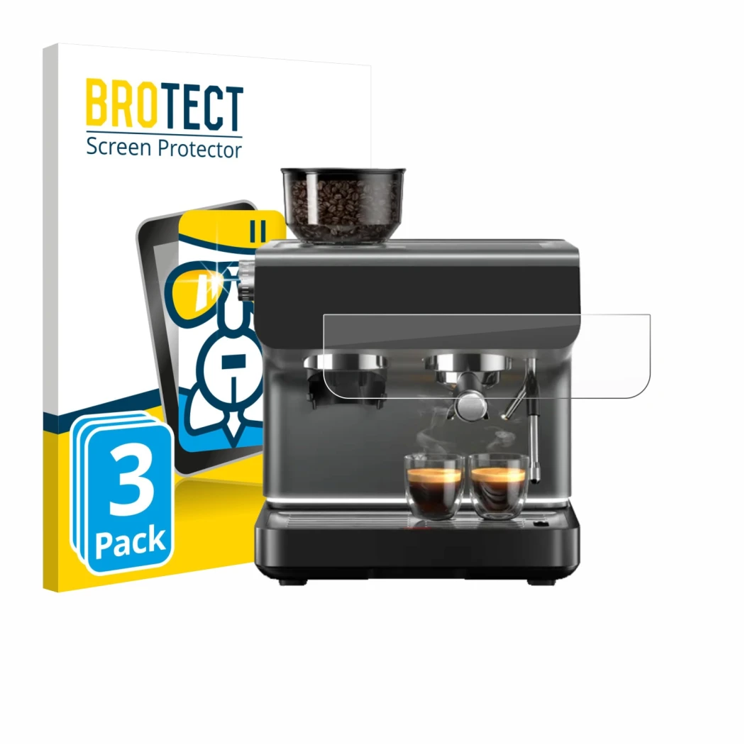 Front side of a product packaging with the brand logo BROTECT. Next to it is the device WMF Espresso Pro shown with the corres