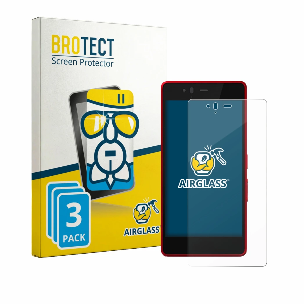 Front side of a product packaging with the brand logo BROTECT. Next to it is the device Fujitsu Arrows M04 shown with the corr
