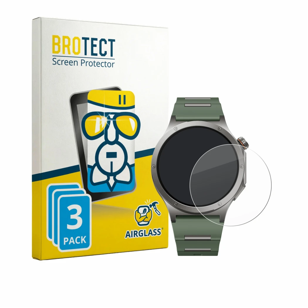 Front side of a product packaging with the brand logo BROTECT. Next to it is the device OnePlus Watch 4 shown with the corresp