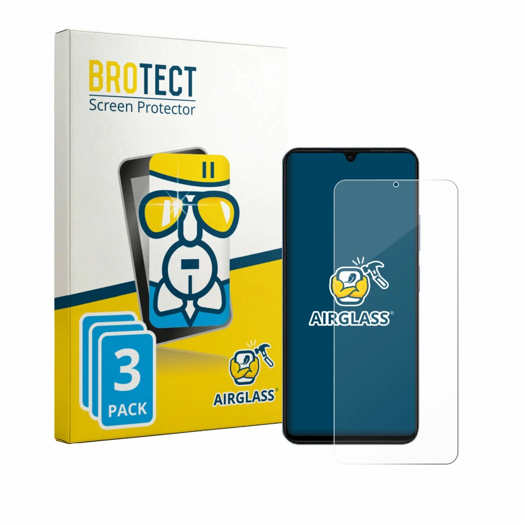 Front side of a product packaging with the brand logo BROTECT. Next to it is the device Blackview Wave 10C shown with the corr