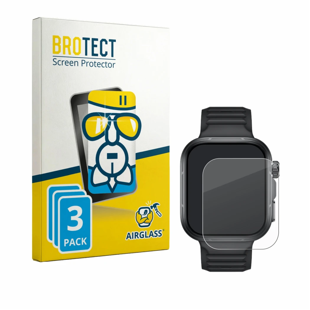 Front side of a product packaging with the brand logo BROTECT. Next to it is the device Huawei Watch Fit 5 Pro shown with the 