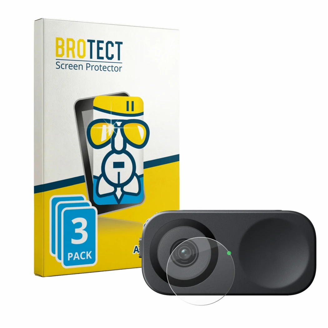 Front side of a product packaging with the brand logo BROTECT. Next to it is the device Insta360 Link 2C (Lens) shown with the