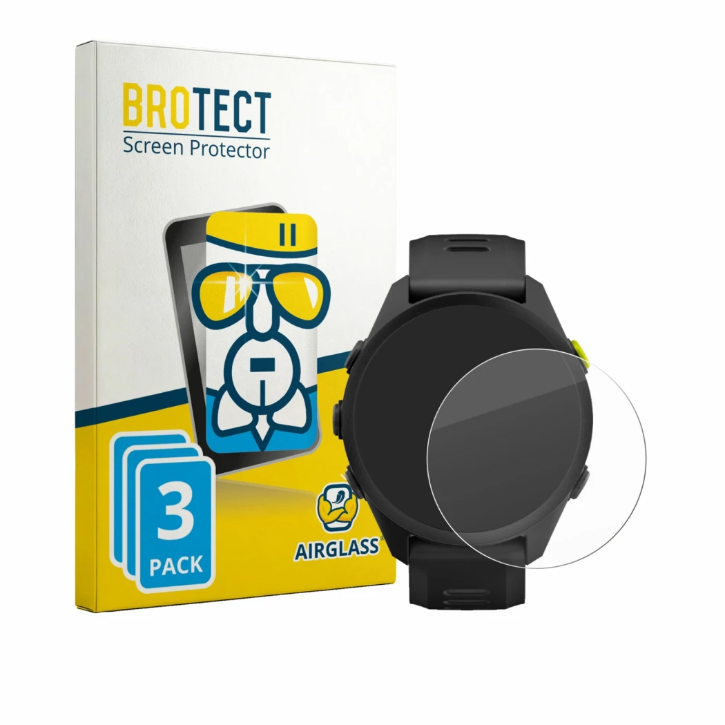 Front side of a product packaging with the brand logo BROTECT. Next to it is the device Garmin Forerunner 70 shown with the co