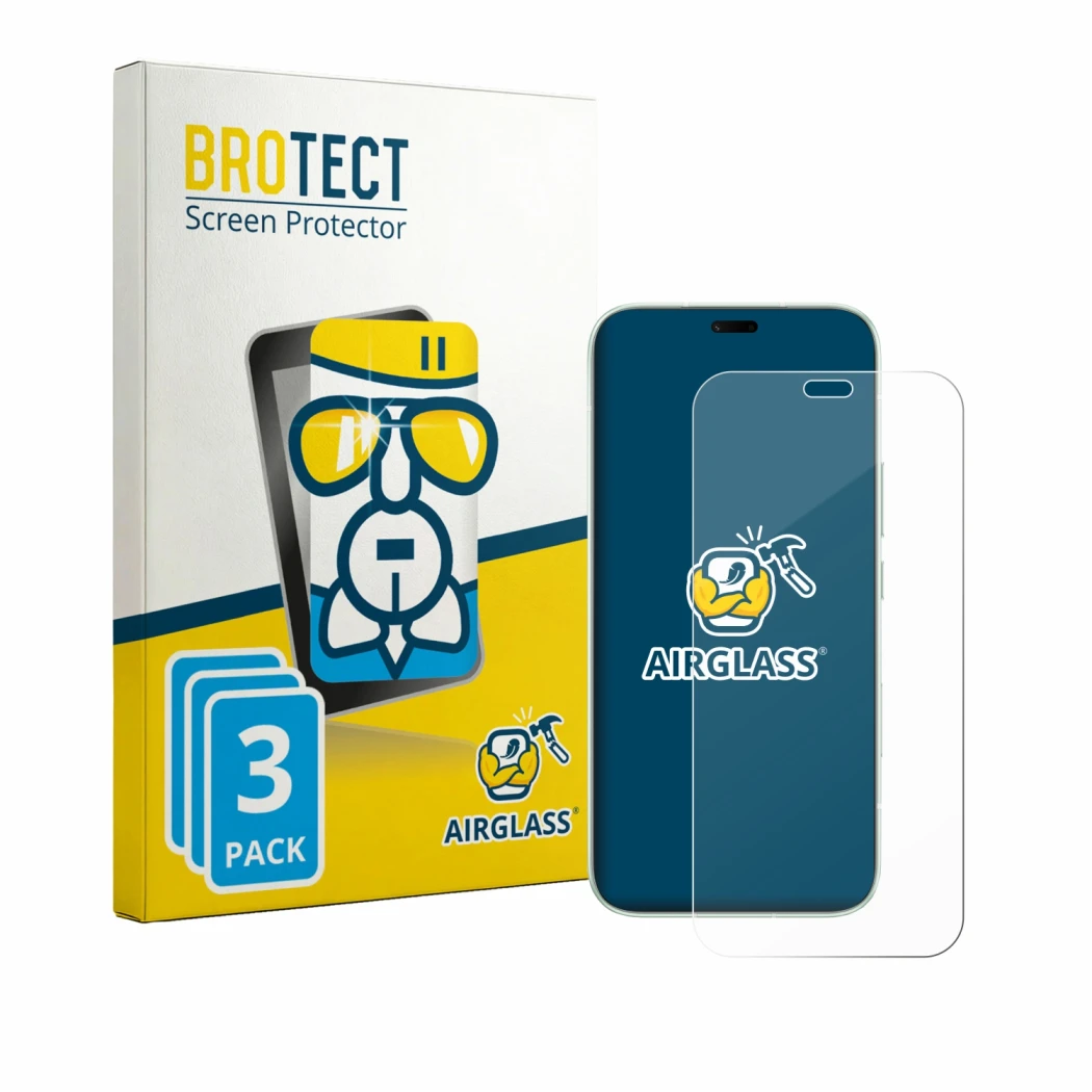 Front side of a product packaging with the brand logo BROTECT. Next to it is the device Honor 600e shown with the correspondin