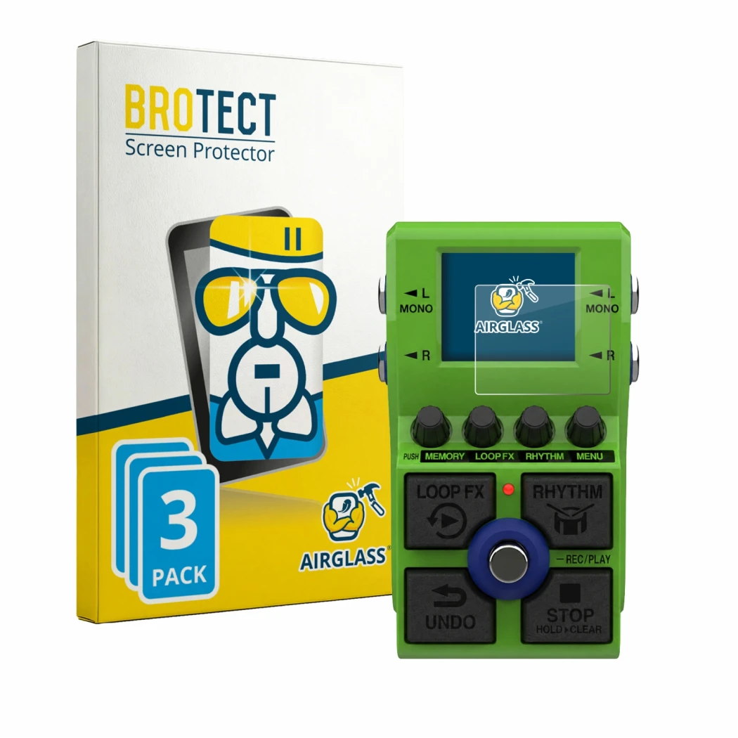 Front side of a product packaging with the brand logo BROTECT. Next to it is the device Zoom MS-90LP Plus shown with the corre