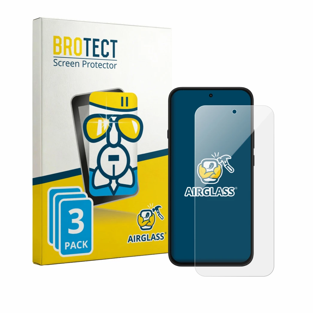 Front side of a product packaging with the brand logo BROTECT. Next to it is the device Nothing Phone (4b) shown with the corr