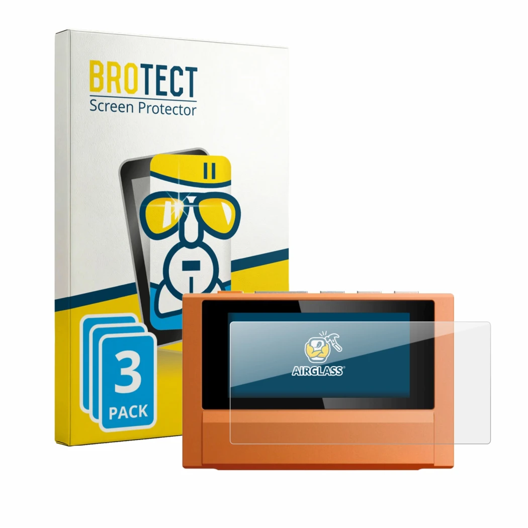 Front side of a product packaging with the brand logo BROTECT. Next to it is the device FiiO SnowSky Echo shown with the corre