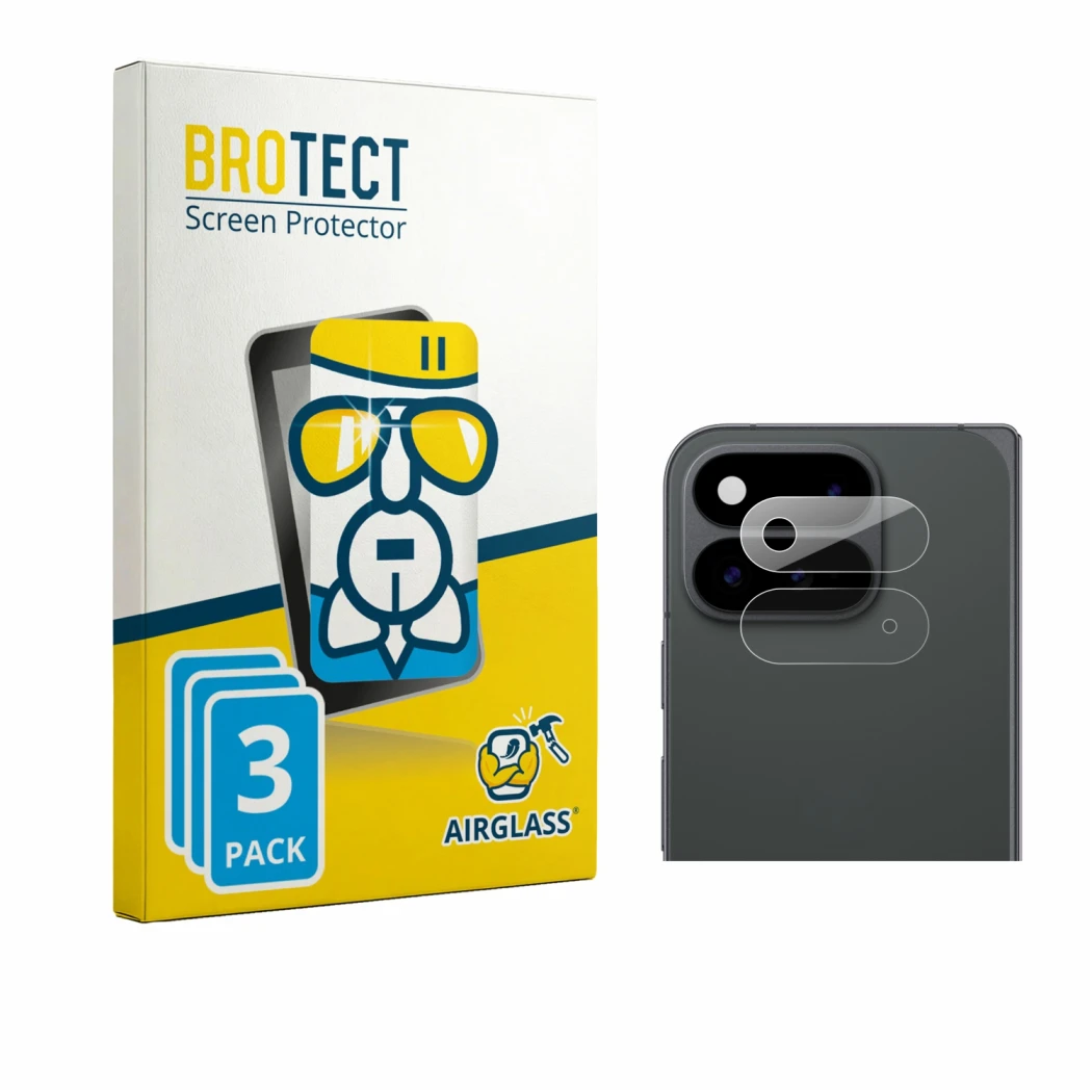 Front side of a product packaging with the brand logo BROTECT. Next to it is the device Google Pixel 11 Pro Fold (ONLY Camera