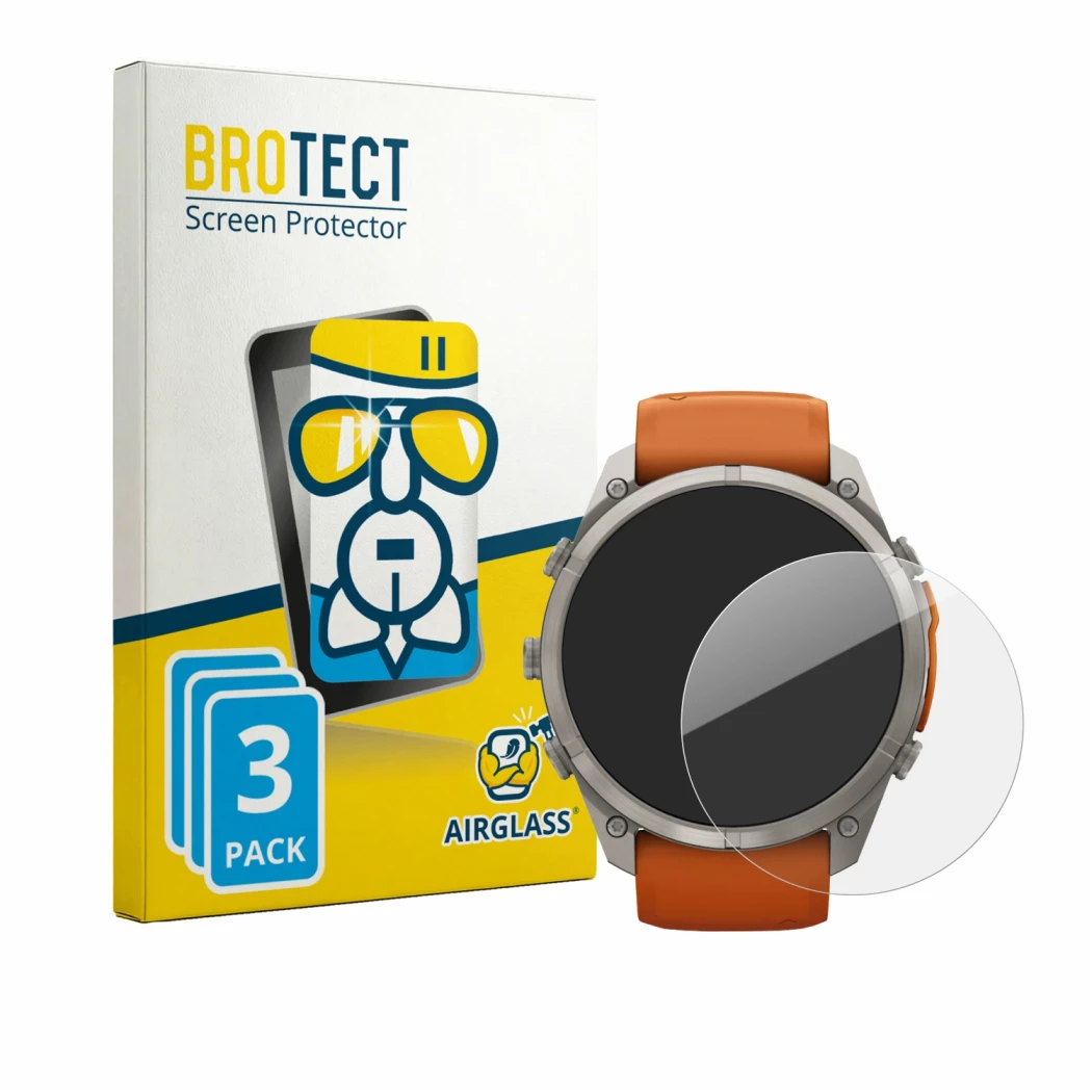 Front side of a product packaging with the brand logo BROTECT. Next to it is the device Garmin Fenix 9 Pro (51 mm) shown with 