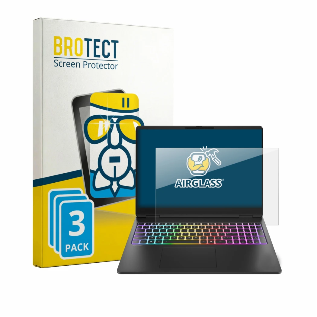 Front side of a product packaging with the brand logo BROTECT. Next to it is the device HP HyperX OMEN MAX 16 shown with the c