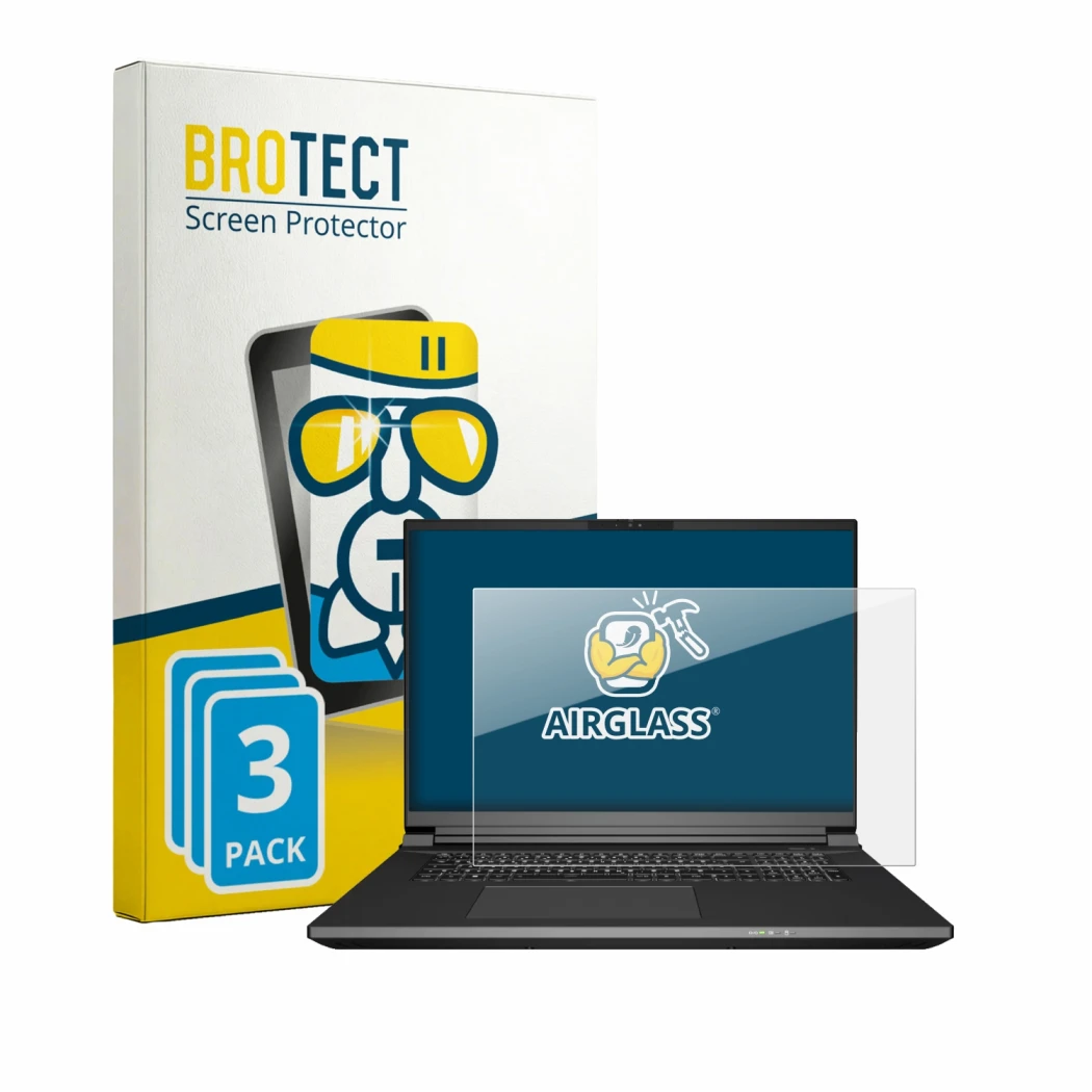 Front side of a product packaging with the brand logo BROTECT. Next to it is the device Schenker KEY 18 Pro E25 shown with the