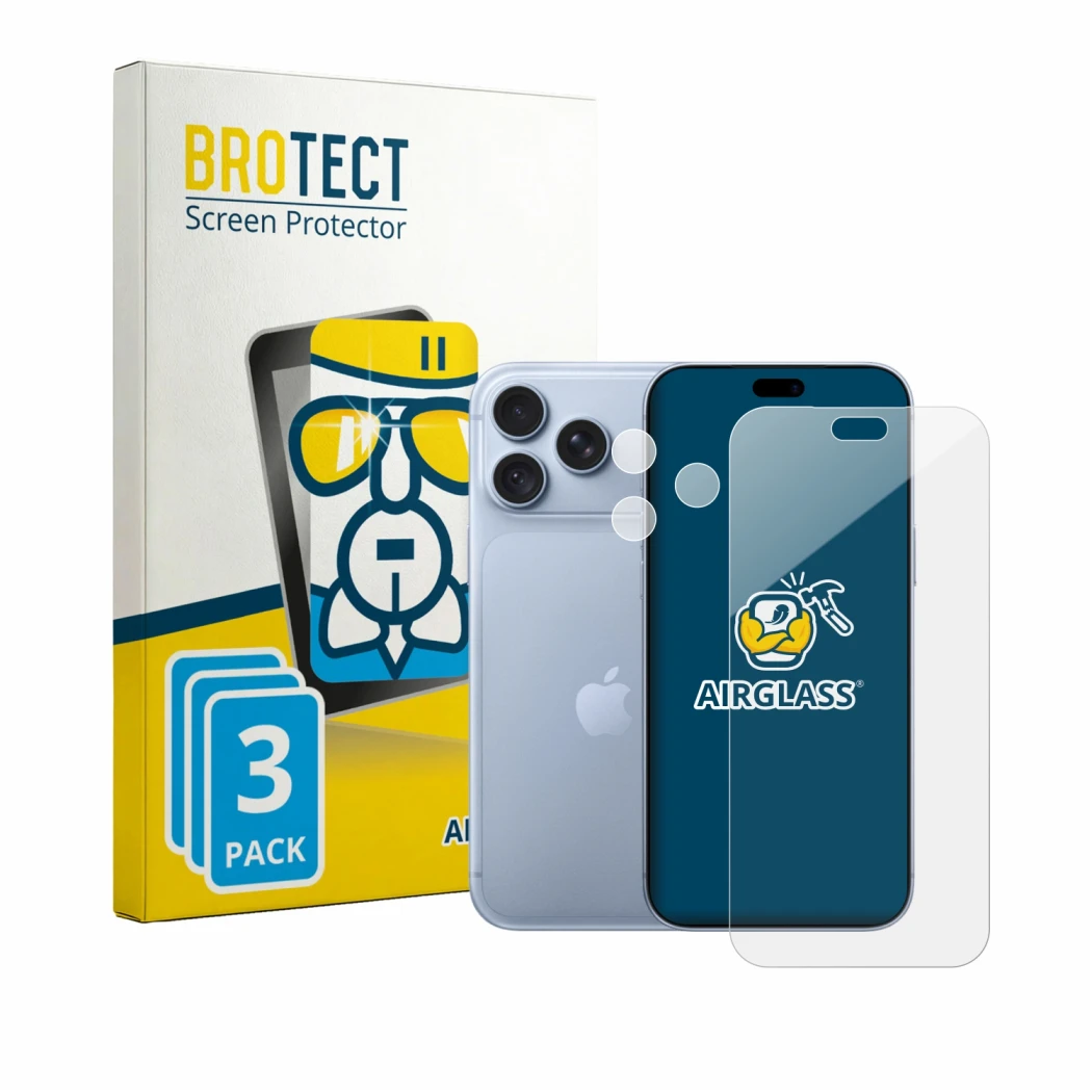 Front side of a product packaging with the brand logo BROTECT. Next to it is the device Apple iPhone 18 Pro Max (Front+Camera)