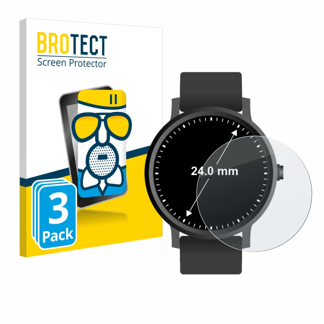 Front side of a product packaging with the brand logo BROTECT. Next to it is the device Watches (Circular, ø: 24 mm) shown wit