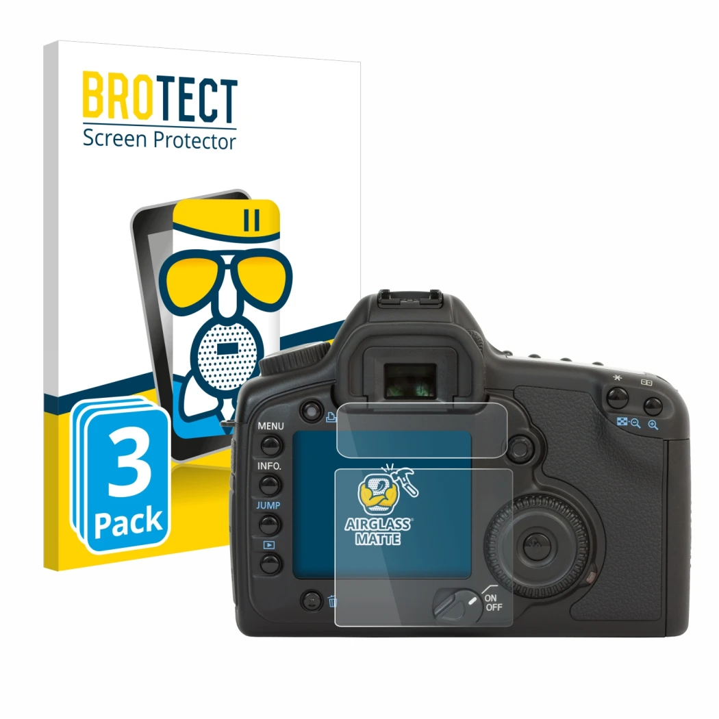 Front side of a product packaging with the brand logo BROTECT. Next to it is the device Canon EOS 5D shown with the correspond