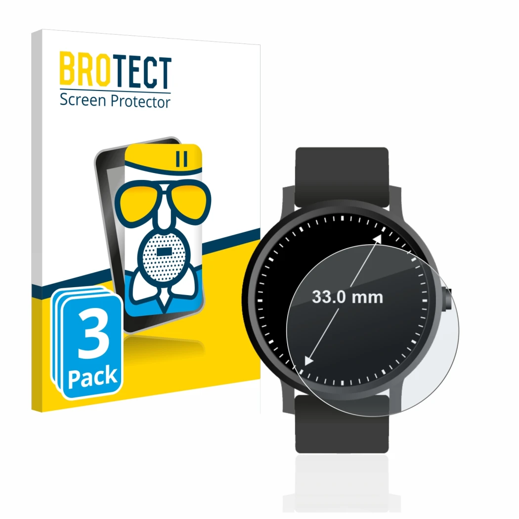 Front side of a product packaging with the brand logo BROTECT. Next to it is the device Watches (Circular, ø: 33 mm) shown wit