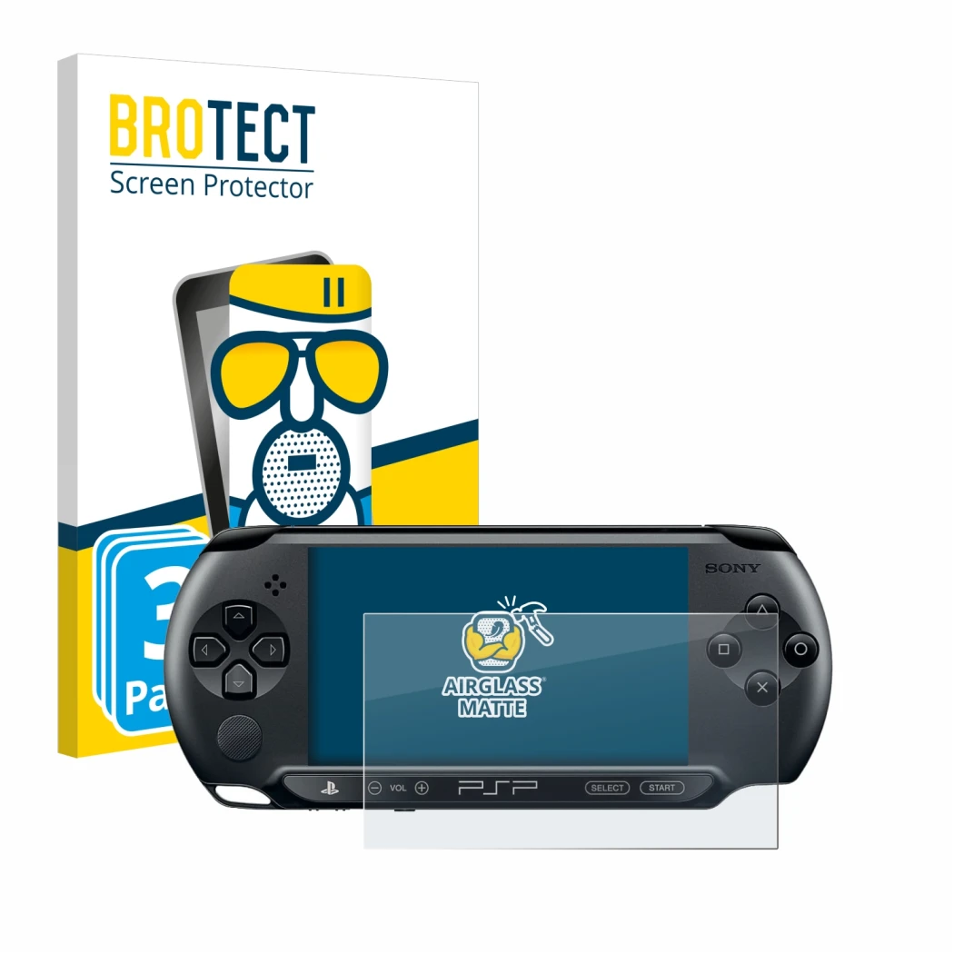 Front side of a product packaging with the brand logo BROTECT. Next to it is the device Sony PSP Street E1004 shown with the c