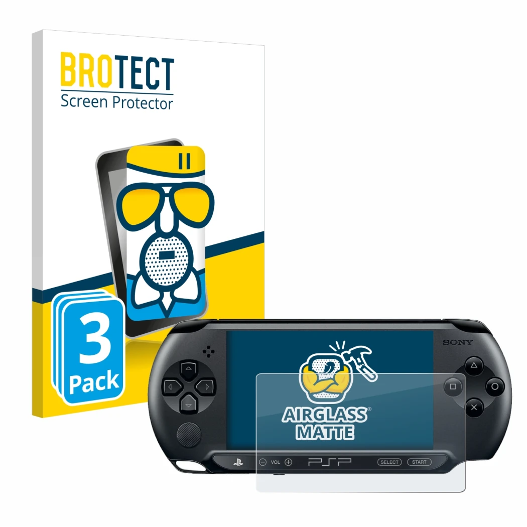 Front side of a product packaging with the brand logo BROTECT. Next to it is the device Sony PSP 1004 shown with the correspon