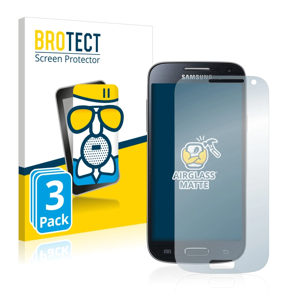 Front side of a product packaging with the brand logo BROTECT. Next to it is the device Samsung Galaxy S4 Mini LTE (4G) I9195 