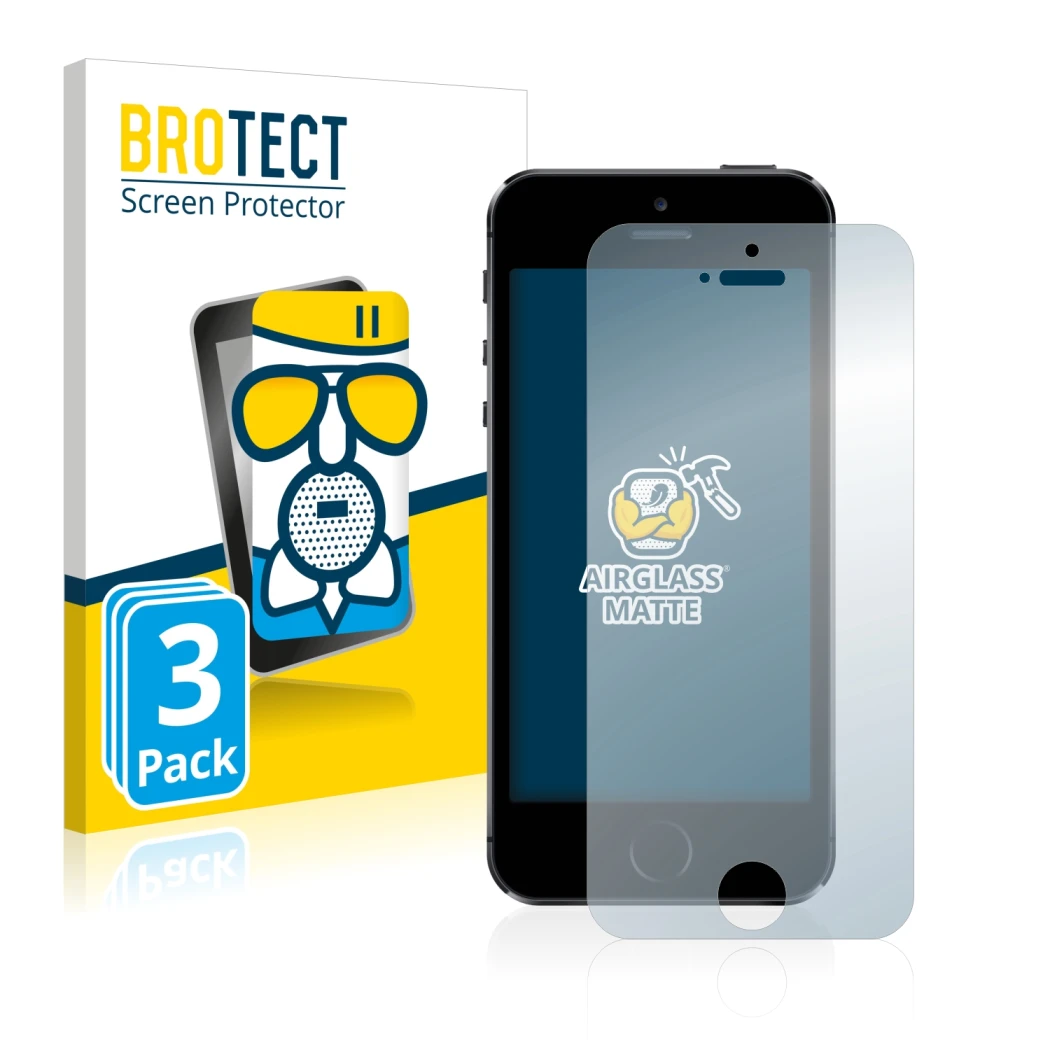 Front side of a product packaging with the brand logo BROTECT. Next to it is the device Apple iPhone 5S shown with the corresp