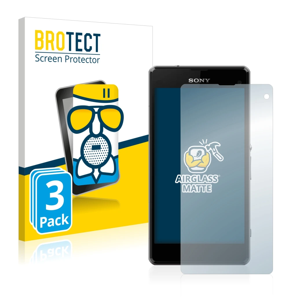 Front side of a product packaging with the brand logo BROTECT. Next to it is the device Sony Xperia Z1 Compact D5503 shown wit