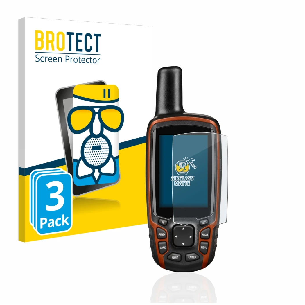 Front side of a product packaging with the brand logo BROTECT. Next to it is the device Garmin GPSMAP 64s shown with the corre