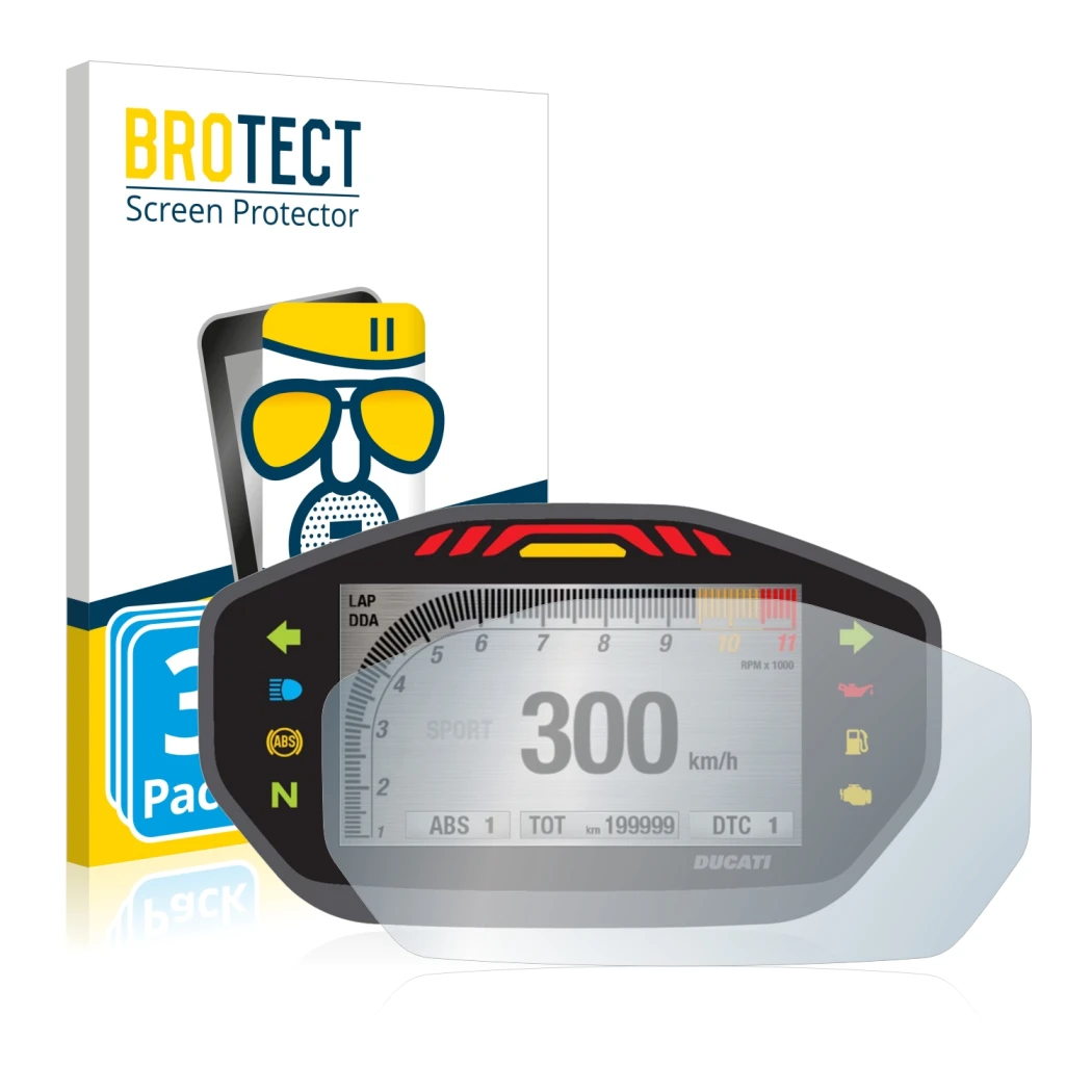 Front side of a product packaging with the brand logo BROTECT. Next to it is the device Ducati Monster 1200 Colour-TFT-Display
