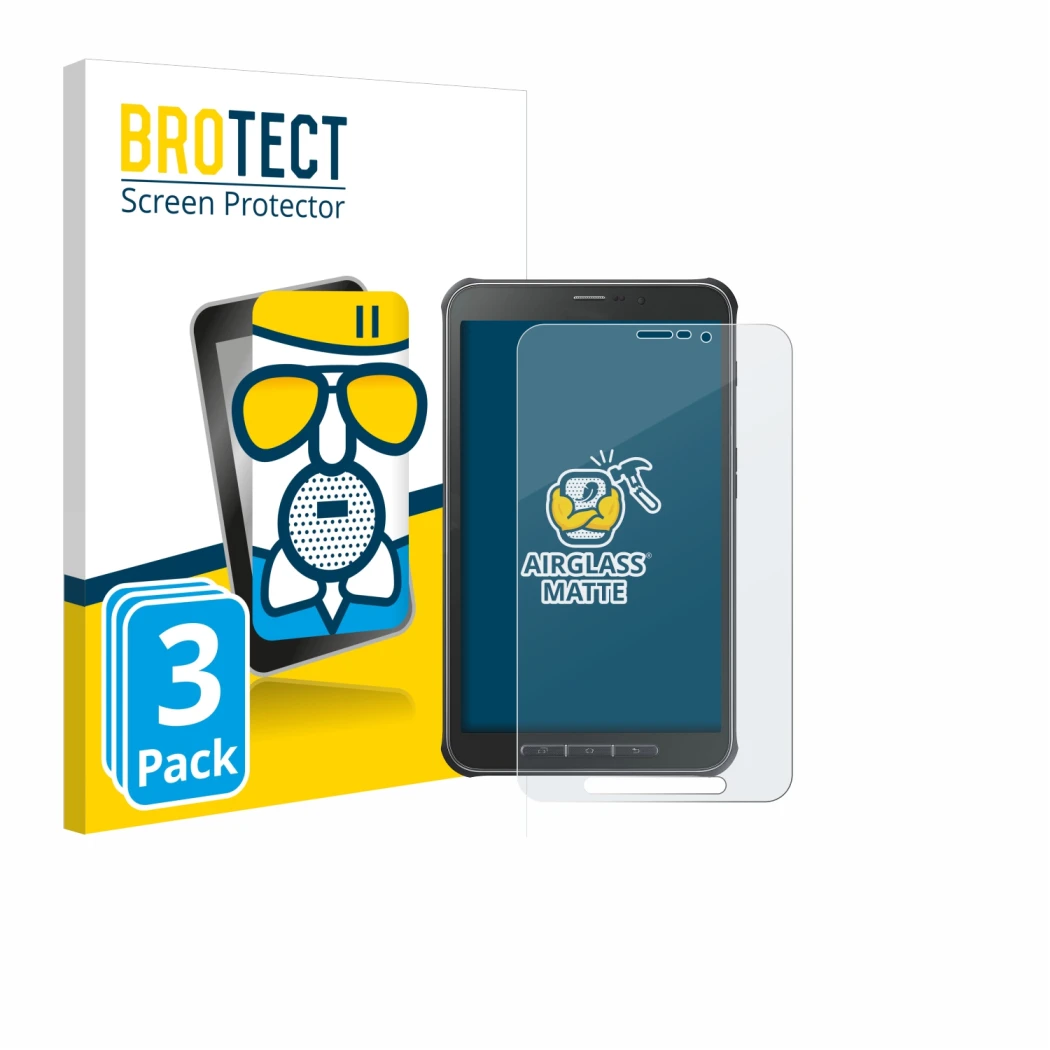 Front side of a product packaging with the brand logo BROTECT. Next to it is the device Samsung Galaxy Tab Active SM-T365 show