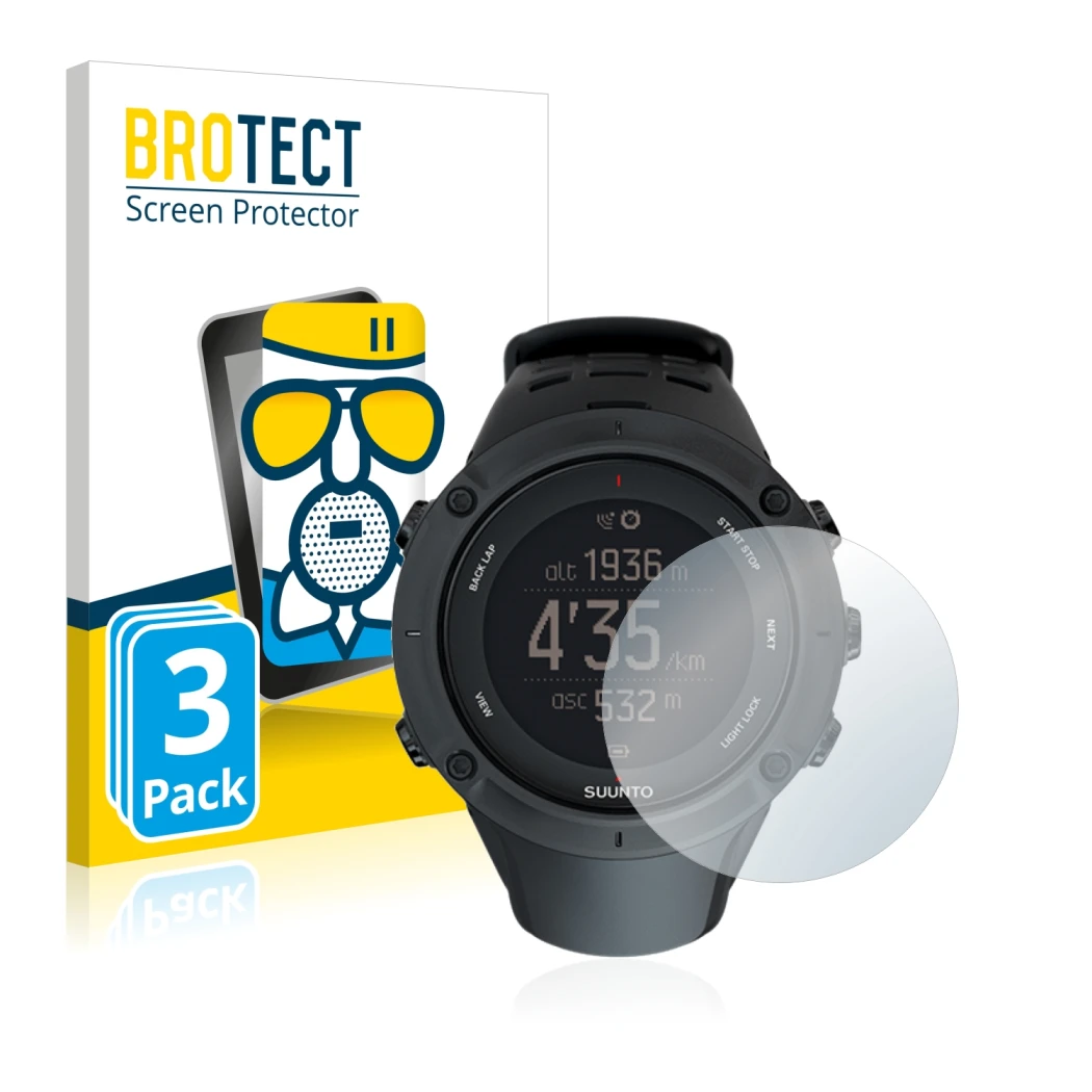 Front side of a product packaging with the brand logo BROTECT. Next to it is the device Suunto Ambit3 Peak Black shown with th