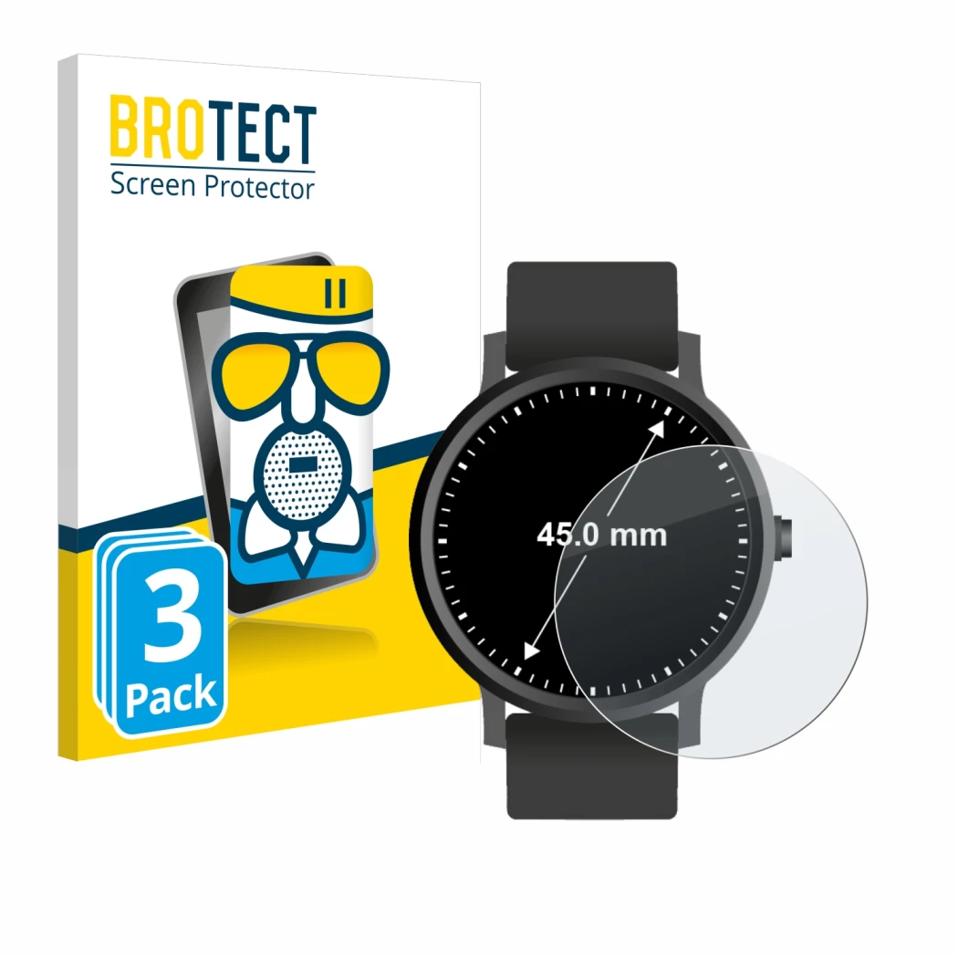 Front side of a product packaging with the brand logo BROTECT. Next to it is the device Watches (Circular, ø: 45 mm) shown wit