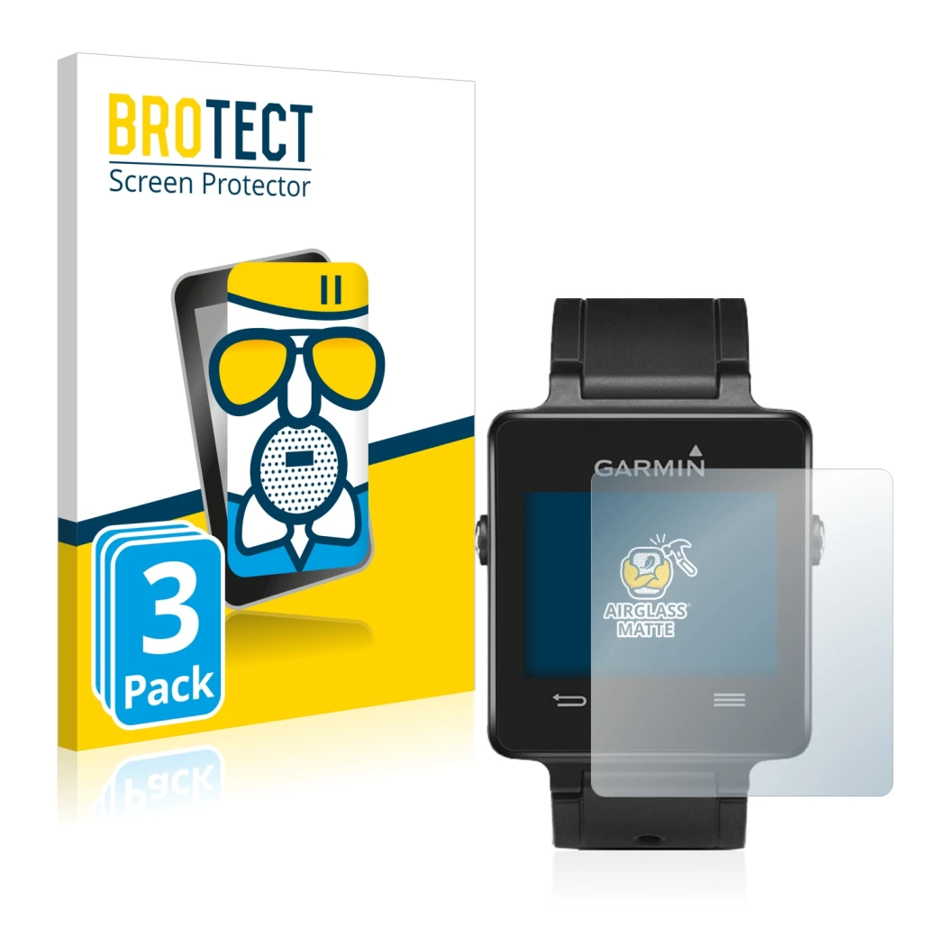 Front side of a product packaging with the brand logo BROTECT. Next to it is the device Garmin vivoactive shown with the corre