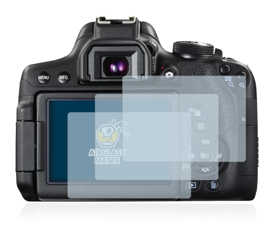 Image of the device Canon EOS 750D with a wide variety of screen protectors.