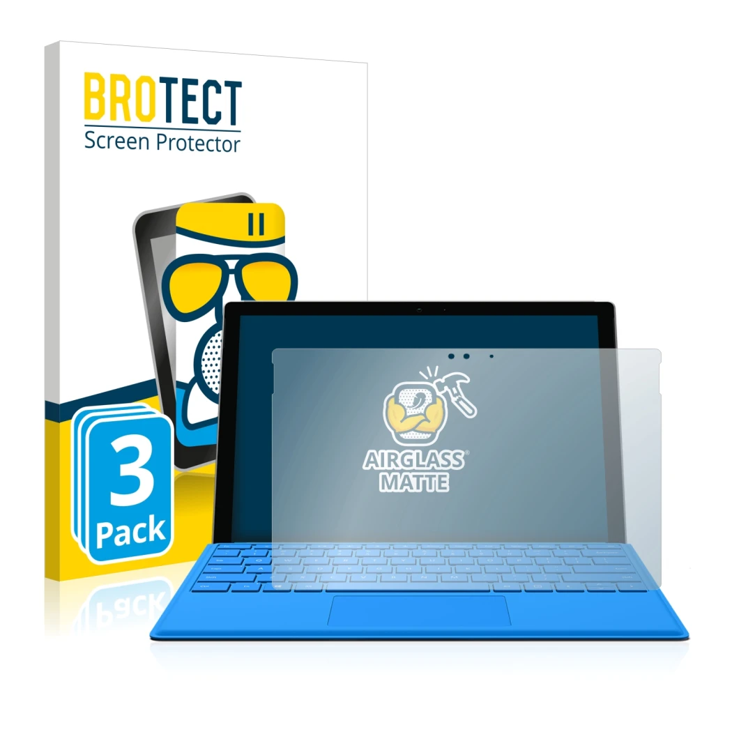 Front side of a product packaging with the brand logo BROTECT. Next to it is the device Microsoft Surface Pro 4 shown with the