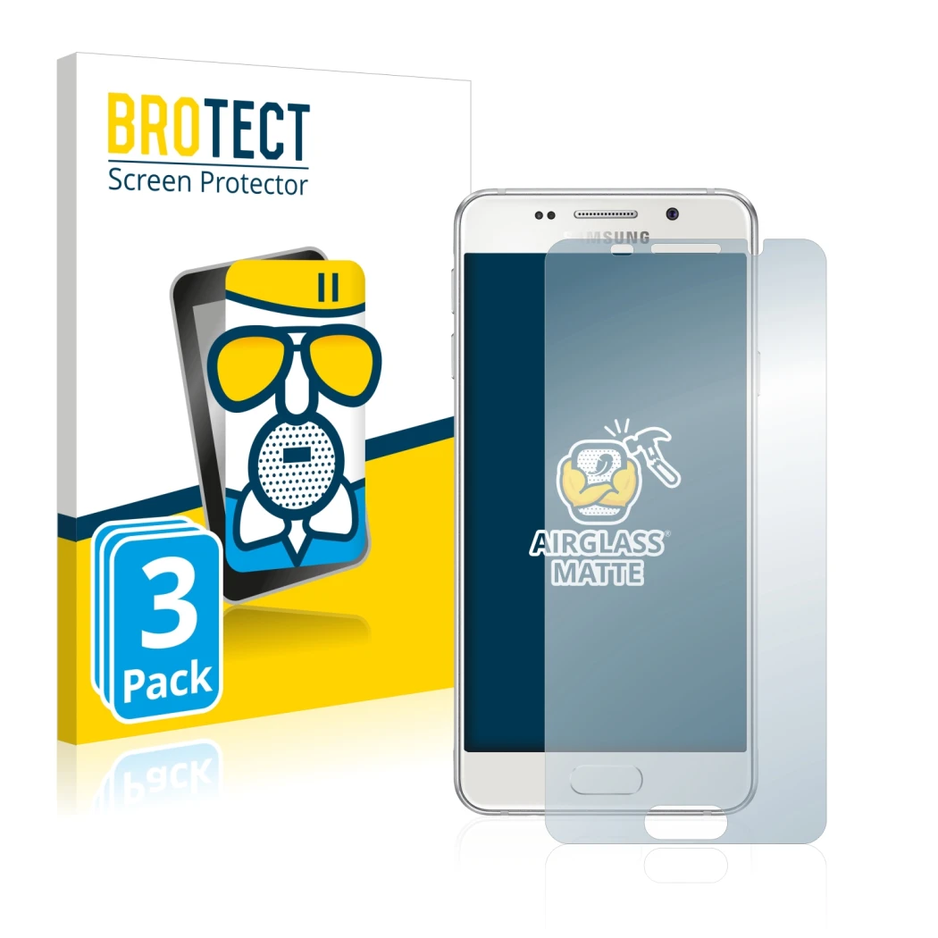 Front side of a product packaging with the brand logo BROTECT. Next to it is the device Samsung Galaxy A3 2016 shown with the 