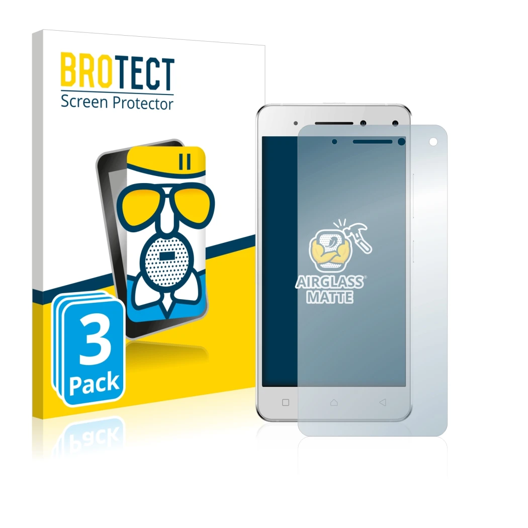 Front side of a product packaging with the brand logo BROTECT. Next to it is the device Lenovo Vibe S1 shown with the correspo