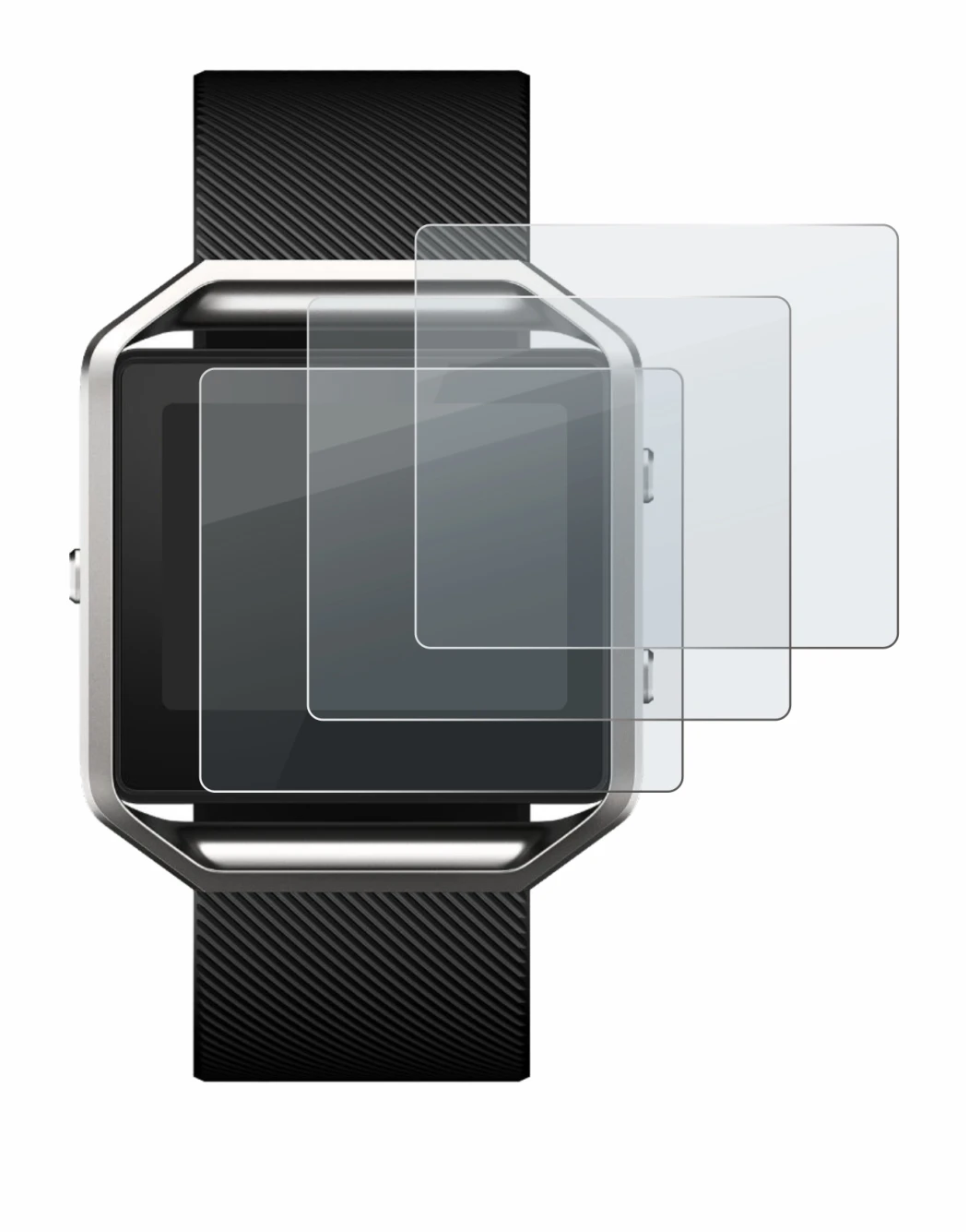 Image of the device Fitbit Blaze with a wide variety of screen protectors.