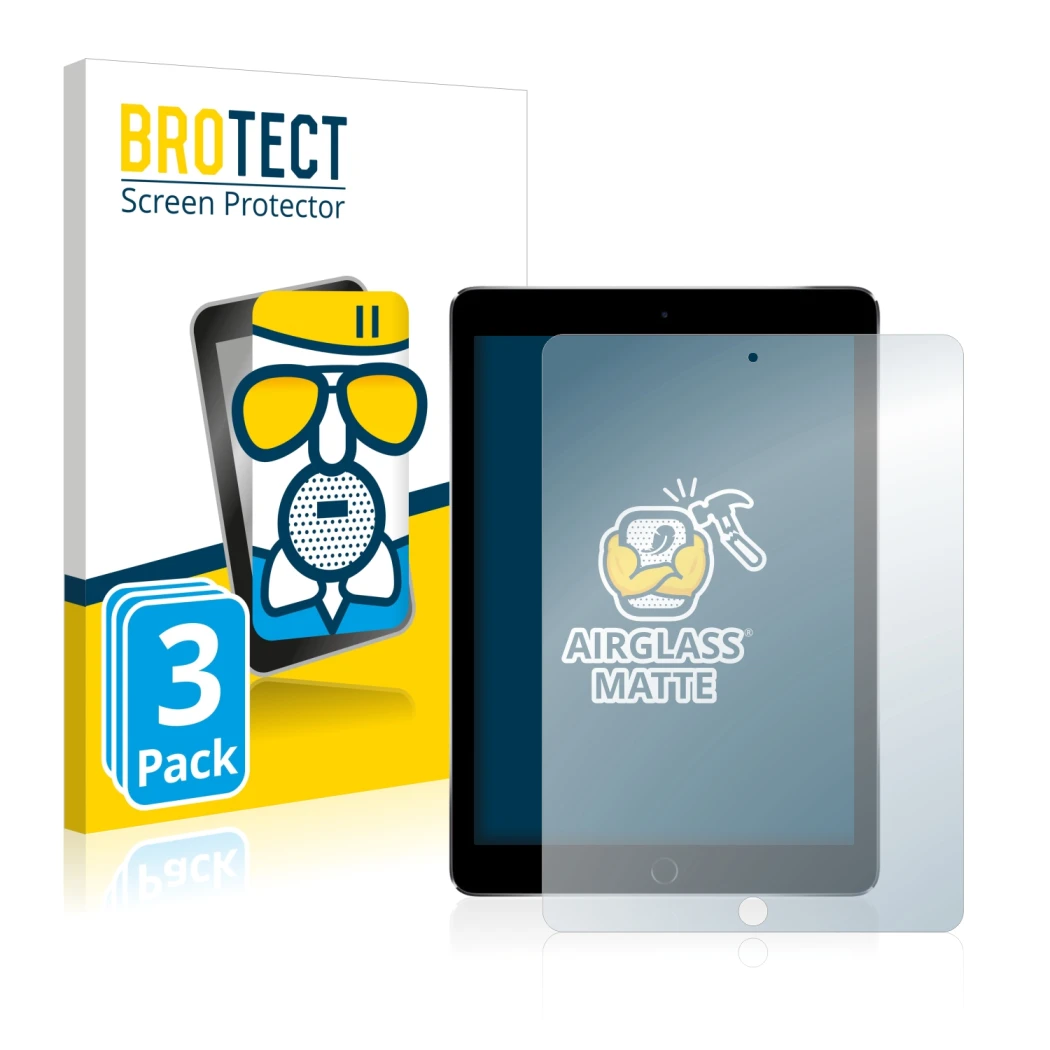 Front side of a product packaging with the brand logo BROTECT. Next to it is the device Apple iPad Pro 9.7