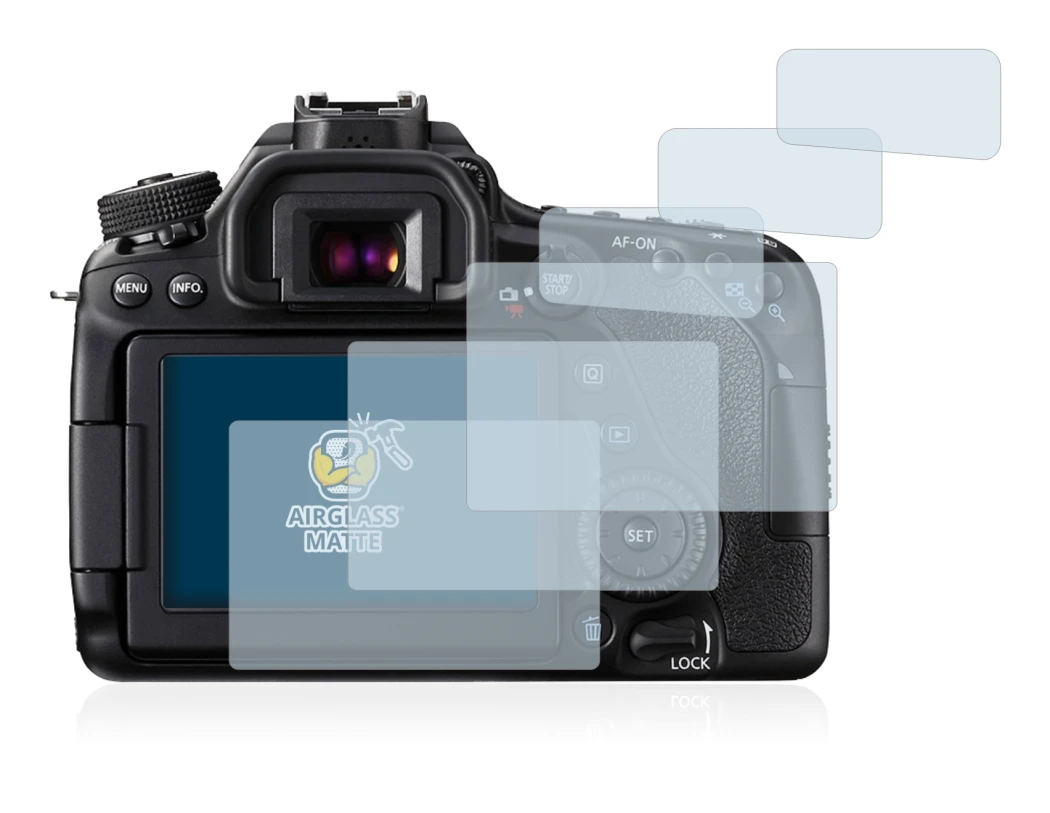 Image of the device Canon EOS 80D with a wide variety of screen protectors.