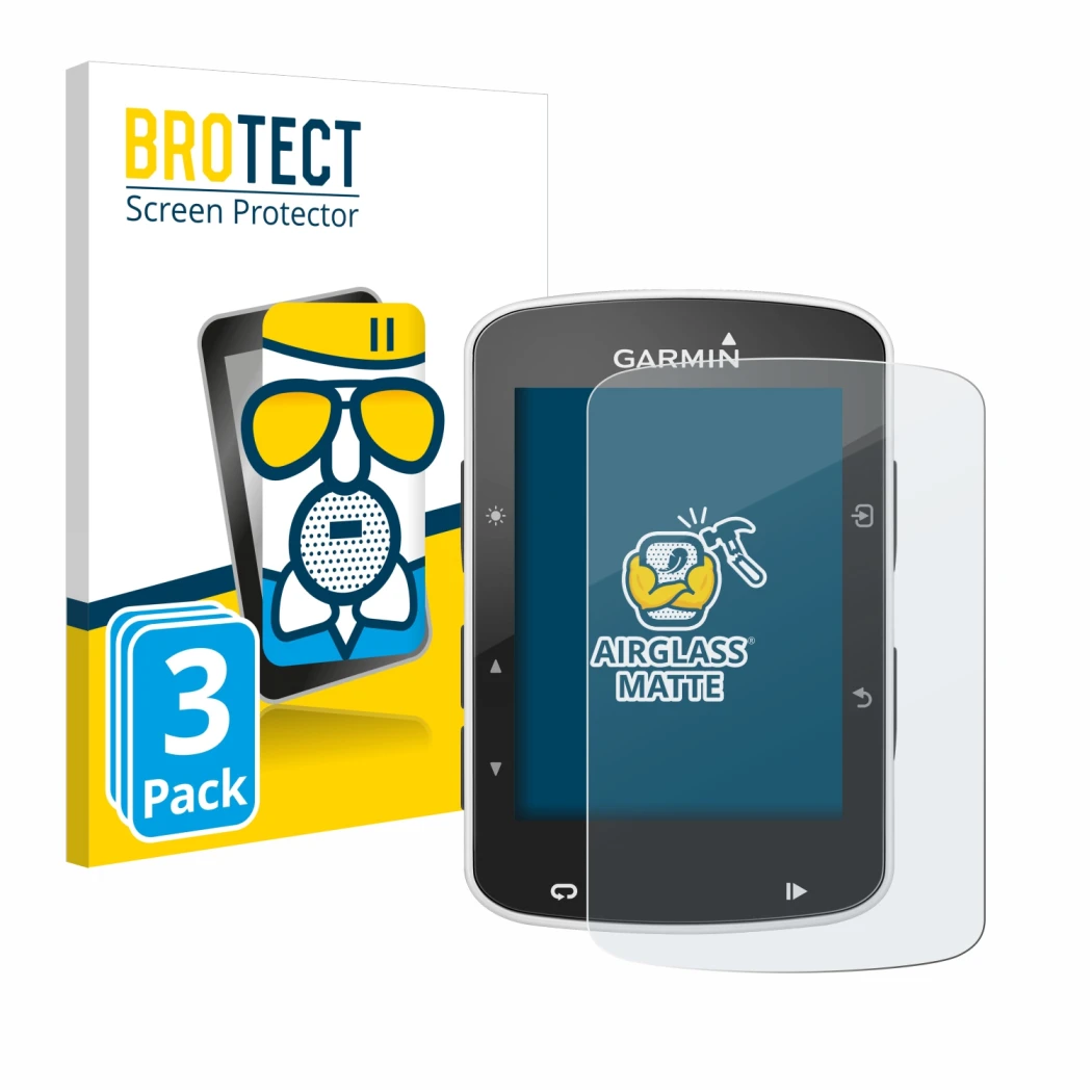 Front side of a product packaging with the brand logo BROTECT. Next to it is the device Garmin Edge 820 shown with the corresp