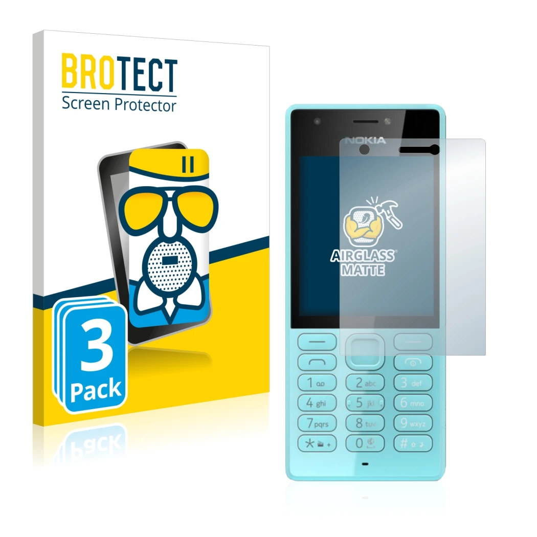 Front side of a product packaging with the brand logo BROTECT. Next to it is the device Nokia 216 shown with the corresponding