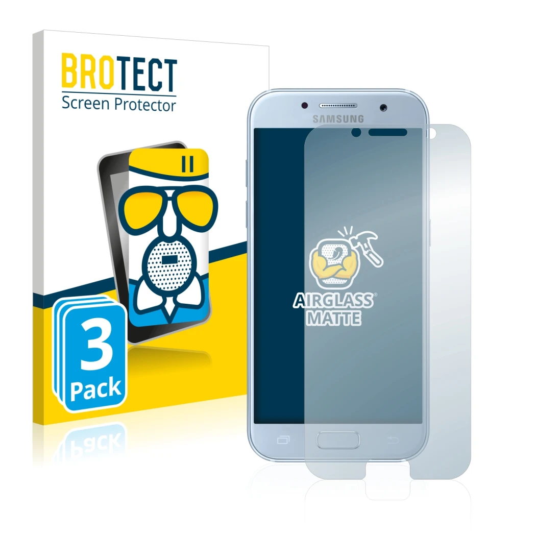 Front side of a product packaging with the brand logo BROTECT. Next to it is the device Samsung Galaxy A5 2017 shown with the 