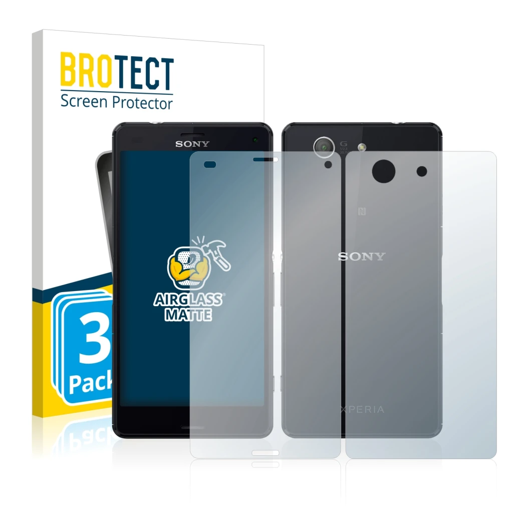 Front side of a product packaging with the brand logo BROTECT. Next to it is the device Sony Xperia Z3 Compact D5803 (Front+Ba