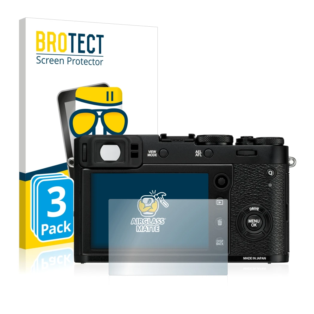 Front side of a product packaging with the brand logo BROTECT. Next to it is the device Fujifilm X100F shown with the correspo