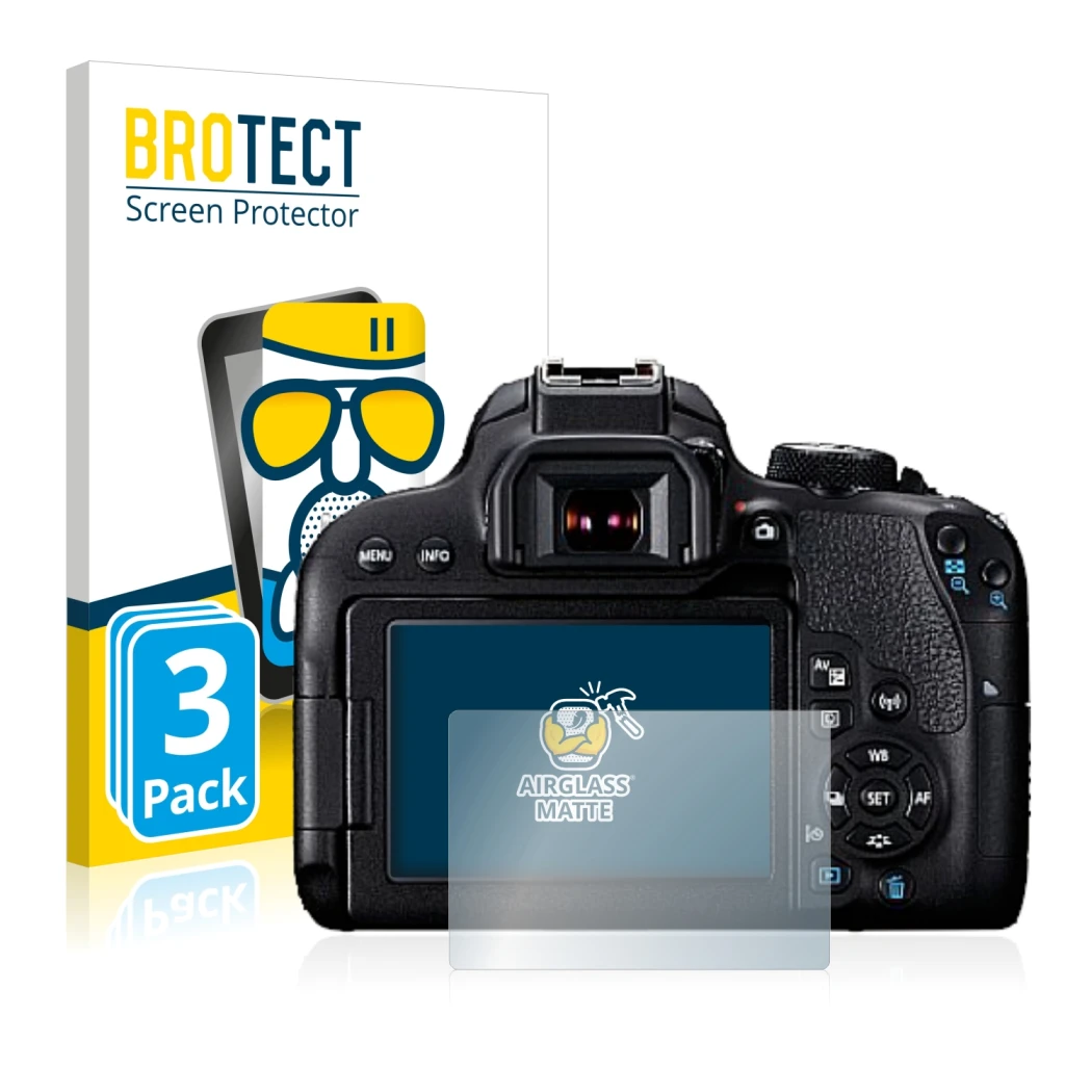 Front side of a product packaging with the brand logo BROTECT. Next to it is the device Canon EOS 800D shown with the correspo