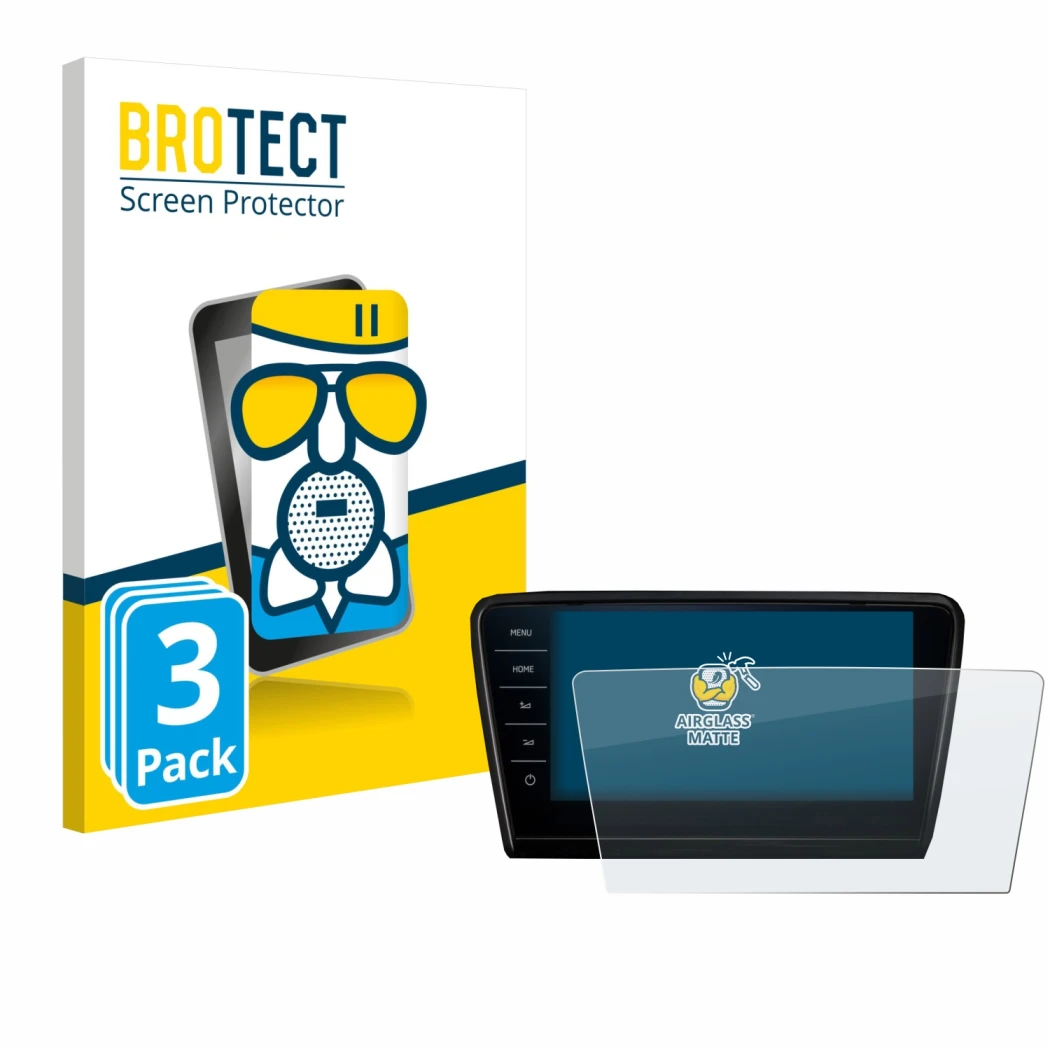 Front side of a product packaging with the brand logo BROTECT. Next to it is the device Skoda Octavia 2017 Infotainment System